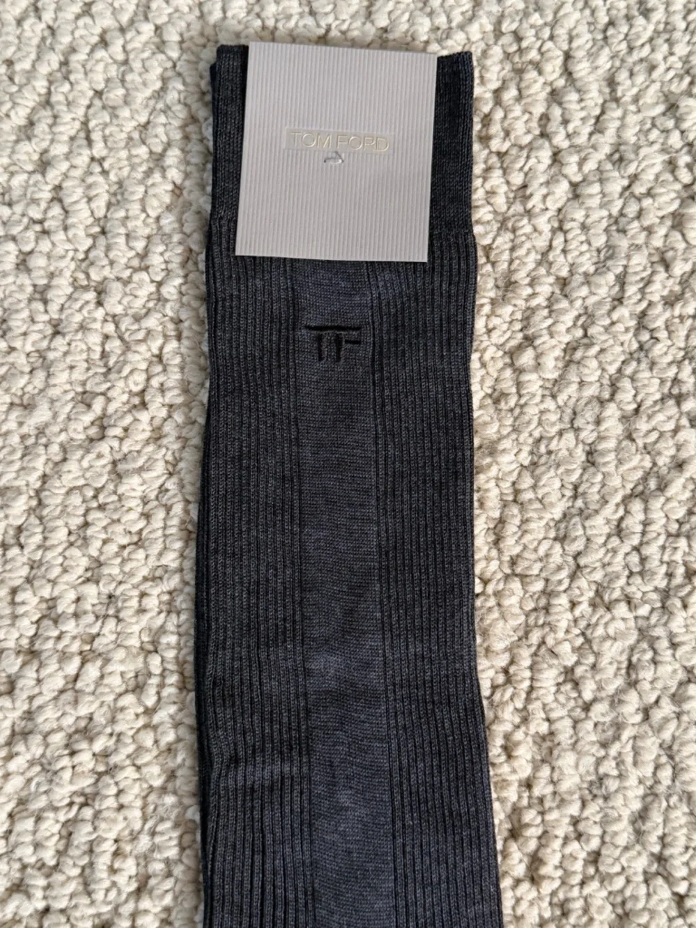 Tom Ford Charcoal Gray Embroidered TF Logo Ribbed Cotton Soft Dress Crew Socks